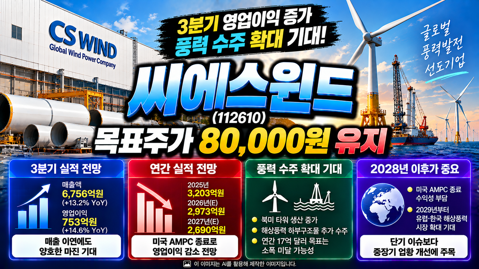 씨에스윈드(112610) 주가 전망 및 기업분석, 목표주가 80,000원 유지, 2026년 3분기 영업이익 753억원 전망, 풍력타워 수주 확대 기대와 미국 AMPC 종료에 따른 수익성 부담, 2029년 유럽·한국 해상풍력 시장 성장 전망