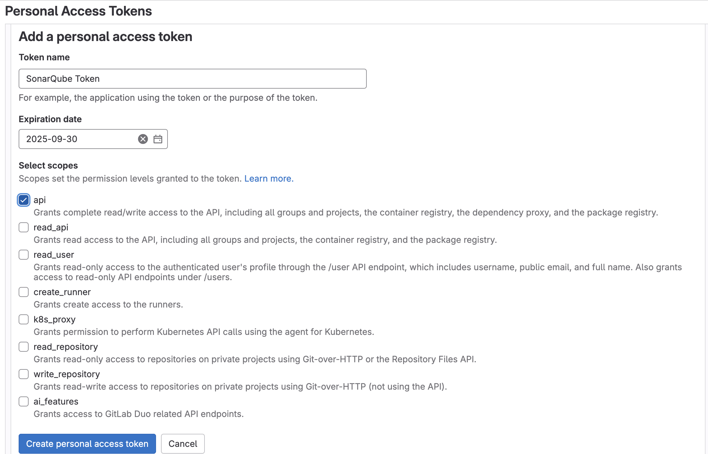 Add a personal access token page