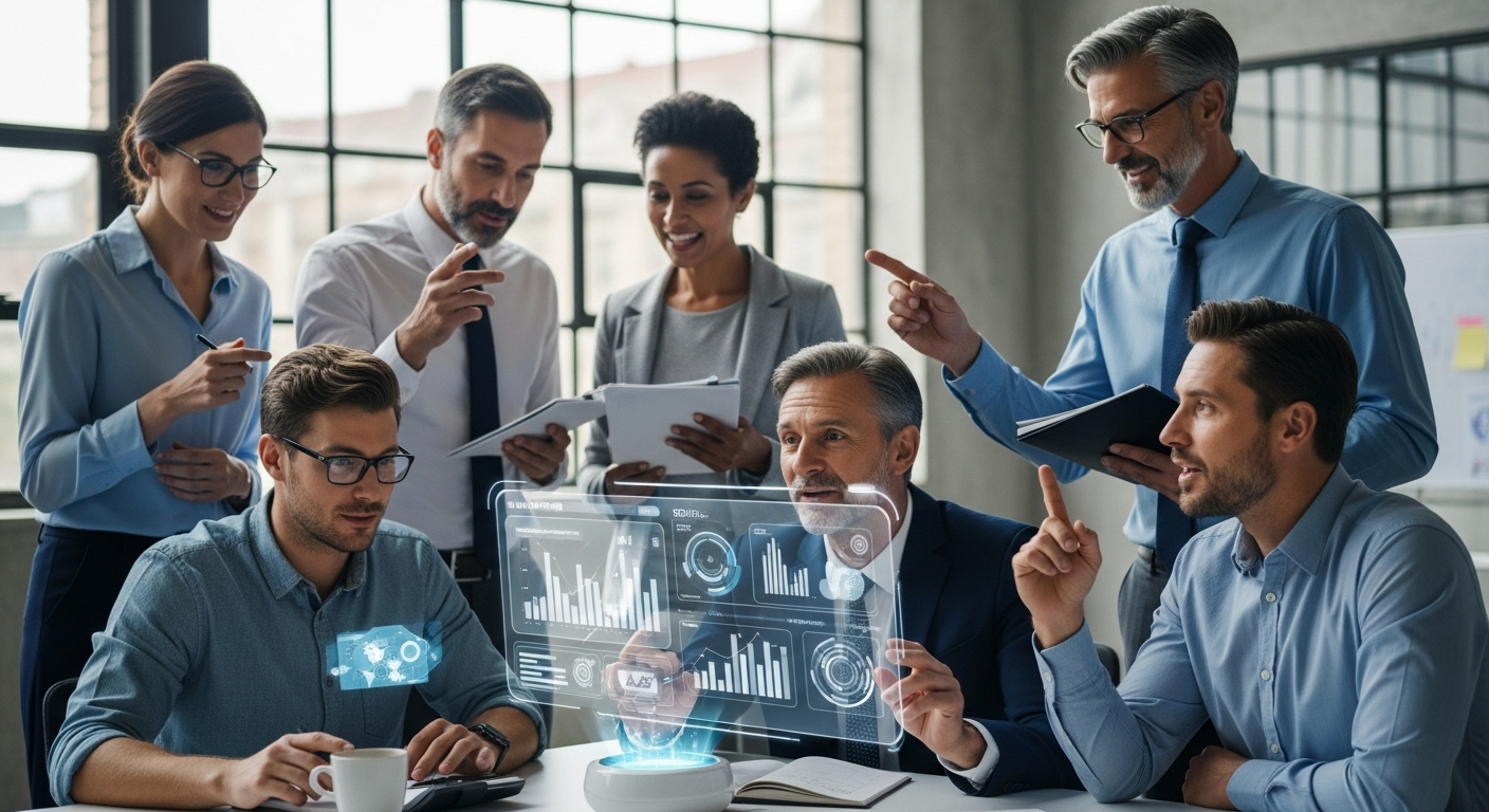 AI 시대에 새로운 역할을 모색하며 협업하고 학습하는 중간 관리자들.