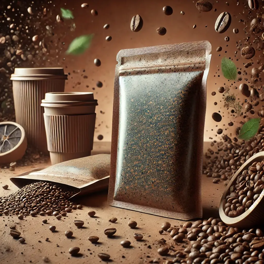 커피 찌꺼기를 활용한 플라스틱 대체품 개발에 관한 제품을 설명하는 이미지