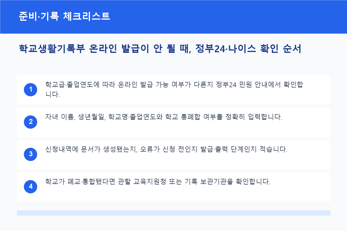 학교생활기록부 온라인 발급이 안 될 때, 정부24&middot;나이스 확인 순서 준비&middot;기록 체크리스트 정보 이미지