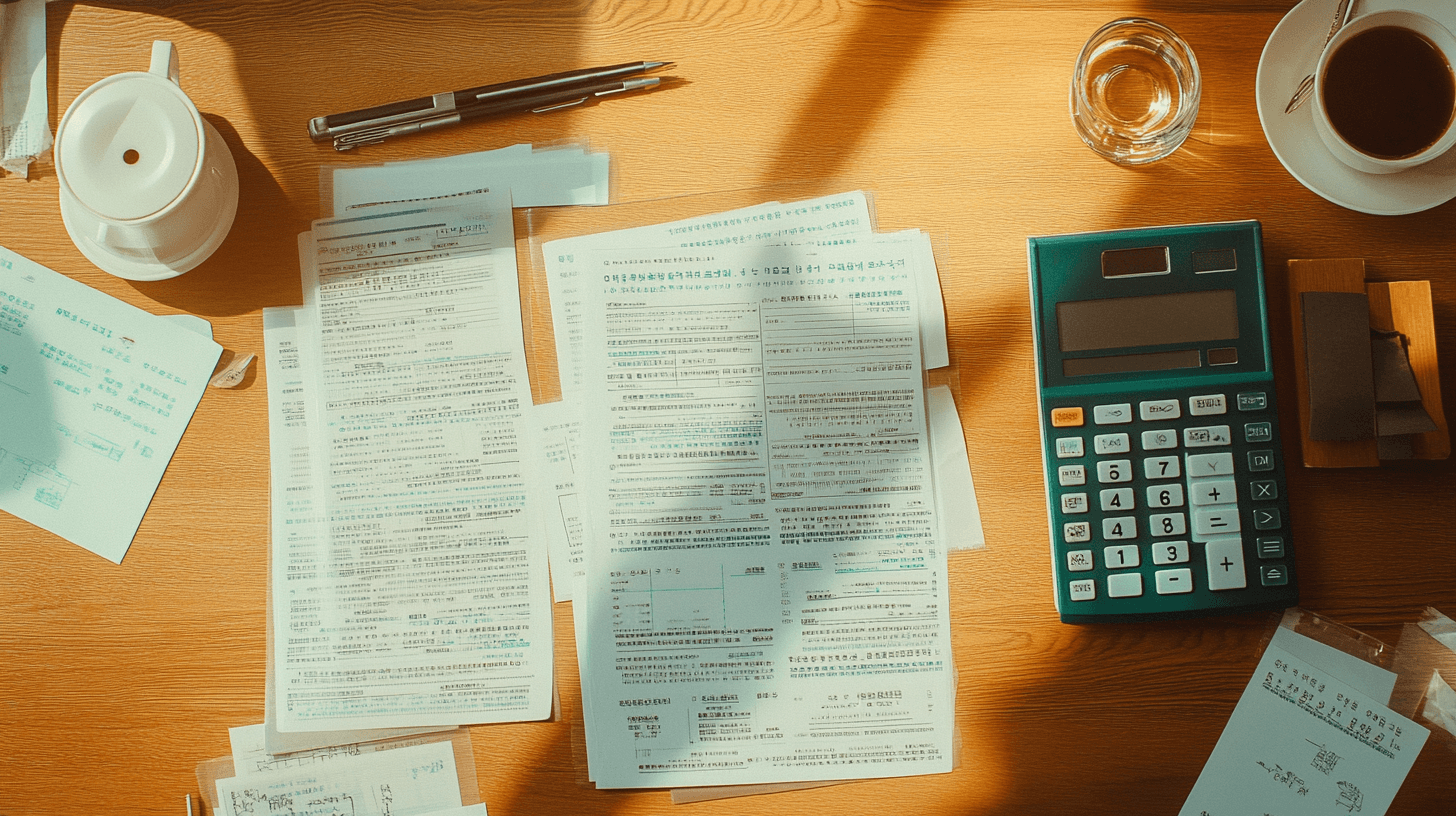 책상-위의-서류들과-계산기