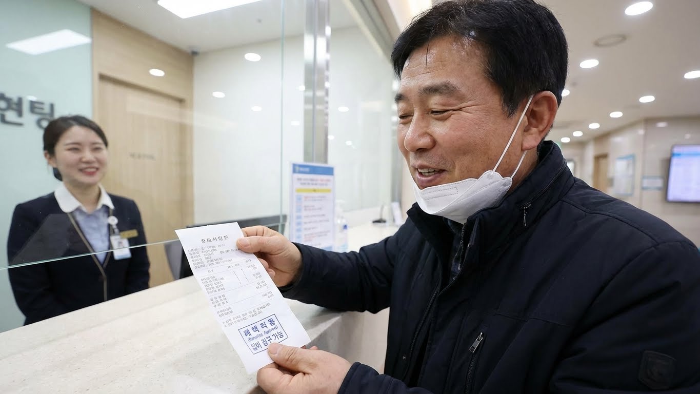환자가 병원 수납처에서 영수증을 확인하며 안도하는 모습,