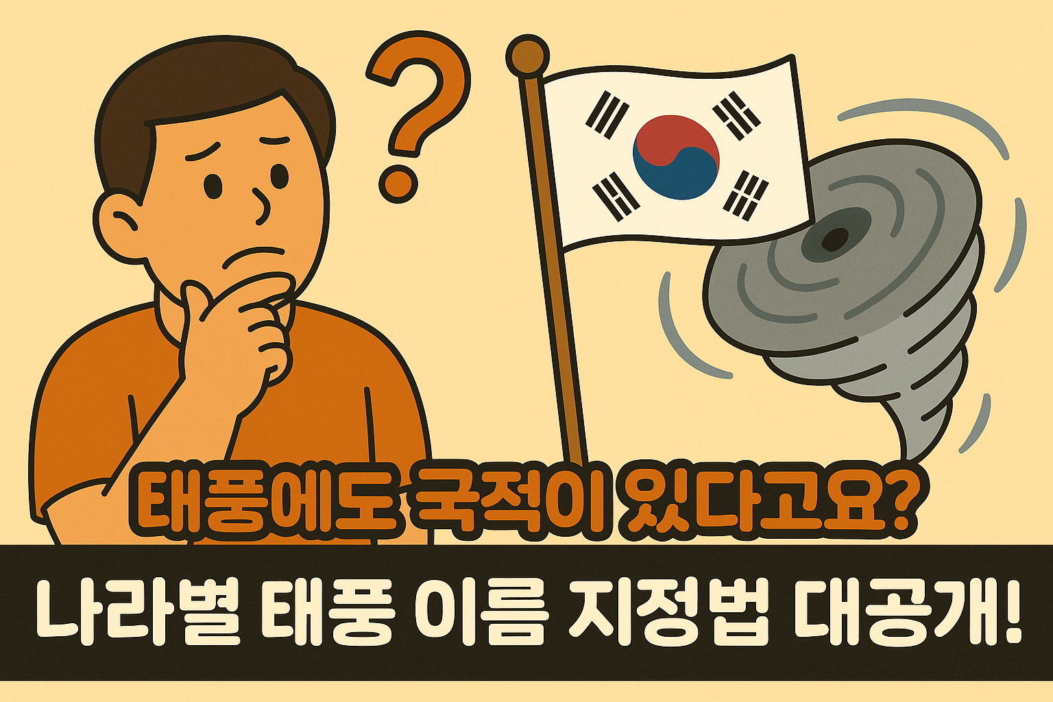 "생각에 잠긴 표정의 남성이 물음표와 함께 서 있으며, 그 옆에는 태극기를 든 깃발과 회오리바람 모양의 태풍 아이콘이 있다. 하단에는 ‘태풍에도 국적이 있다고요?’라는 문구와 ‘나라별 태풍 이름 지정법 대공개!’라는 강조된 제목이 적혀 있다. 캐릭터의 표정과 태풍 이미지로 태풍 명명 방식에 대한 궁금증과 흥미를 표현한 만화 스타일 썸네일 이미지."