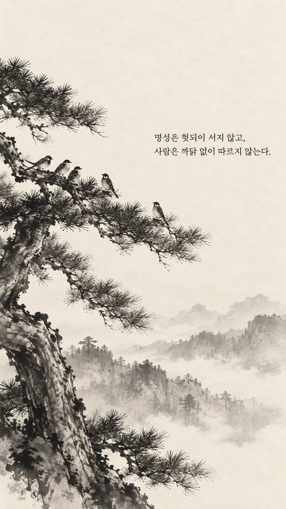 사마천 명언 26 명성은 헛되이 서지 않고, 사람은 까닭 없이 따르지 않는다. 높은 소나무 주변에 모여든 작은 새 수묵화 이미지