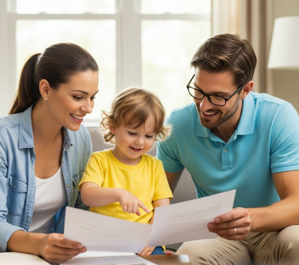 엄마와 아빠 아기가 종이 서류를 보고 있는 사진