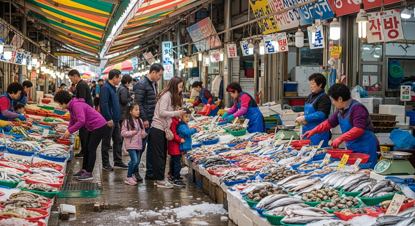 전통시장에서 수산물을 구매하는 사람들의 모습