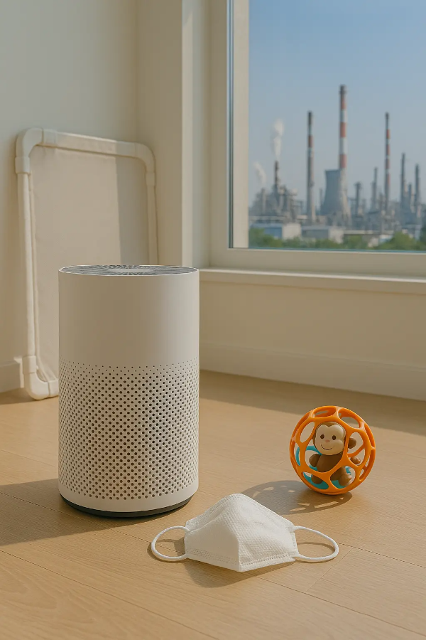 HEPA 공기청정기, 유아용 마스크, 미세먼지 필터와 함께 유아 놀이 매트가 정돈된 환경 친화적 육아 공간 이미지, 텍스트 없음