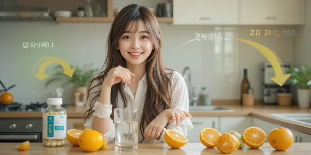 과일과 물컵, 보충제를 간결하게 배치해 수용성과 배출 과정을 연상시키 모습