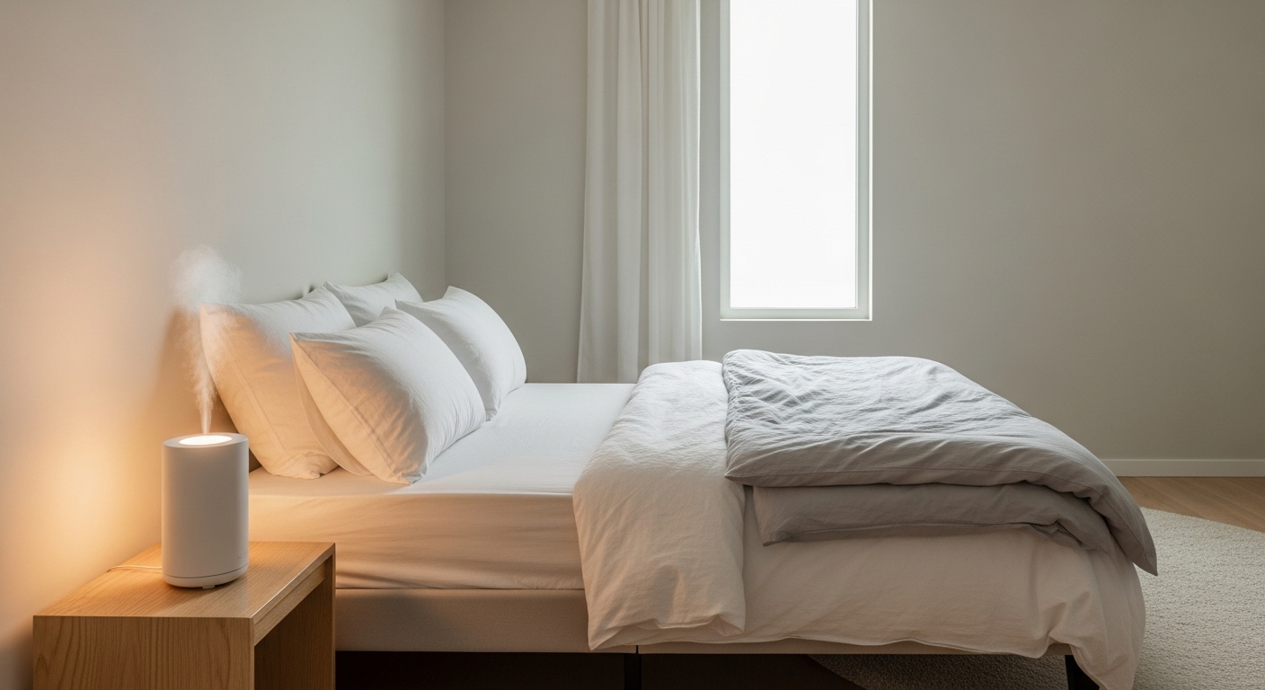 편안한 매트리스와 아로마 디퓨저가 있는 아늑하고 정돈된 침실.