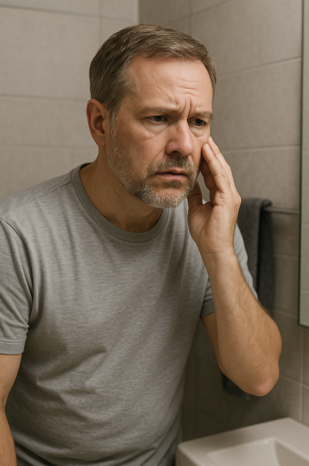 당뇨 초기증상에 대해 고민하며 거울을 바라보는 남성의 모습