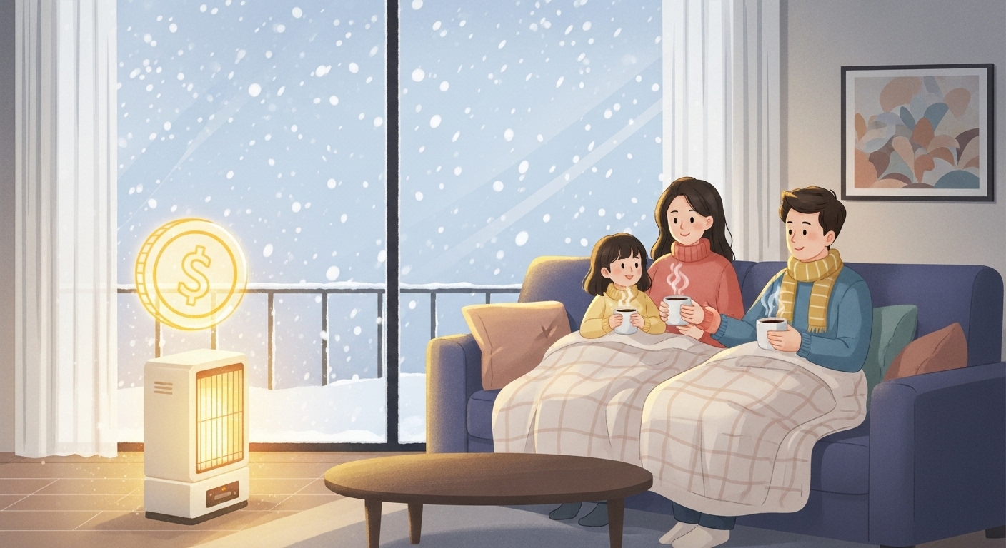 추운 겨울날 따뜻한 집 안에서 난방비 지원 덕분에 편안하게 쉬는 가족의 모습