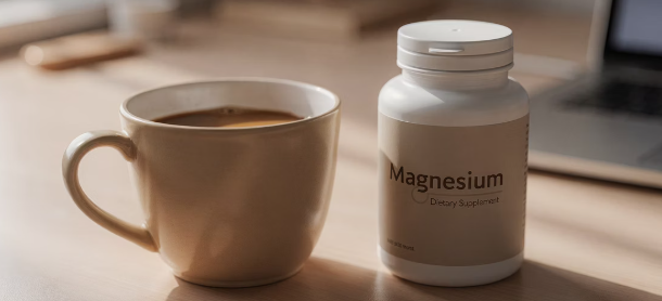 책상 위 커피잔과 마그네슘 보충제 병