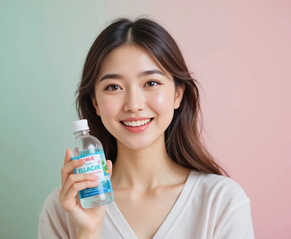 헥사메딘 가격 정보를 확인하며 제품을 들어 보이는 미소 짓는 여성의 모습