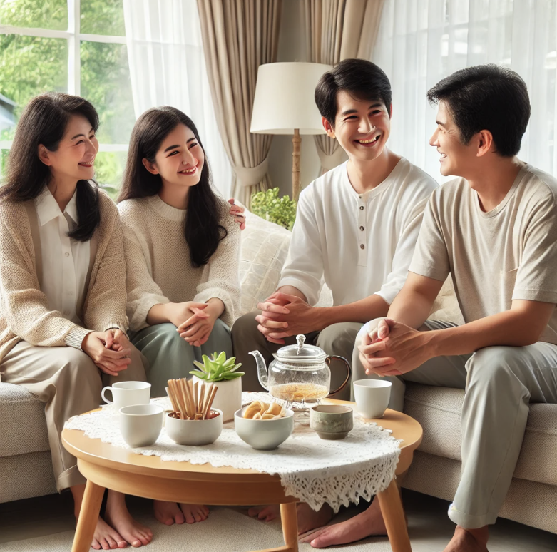 50대 부모가 자녀들과의 관계유지를 위해 다정하게 대화하는 모습