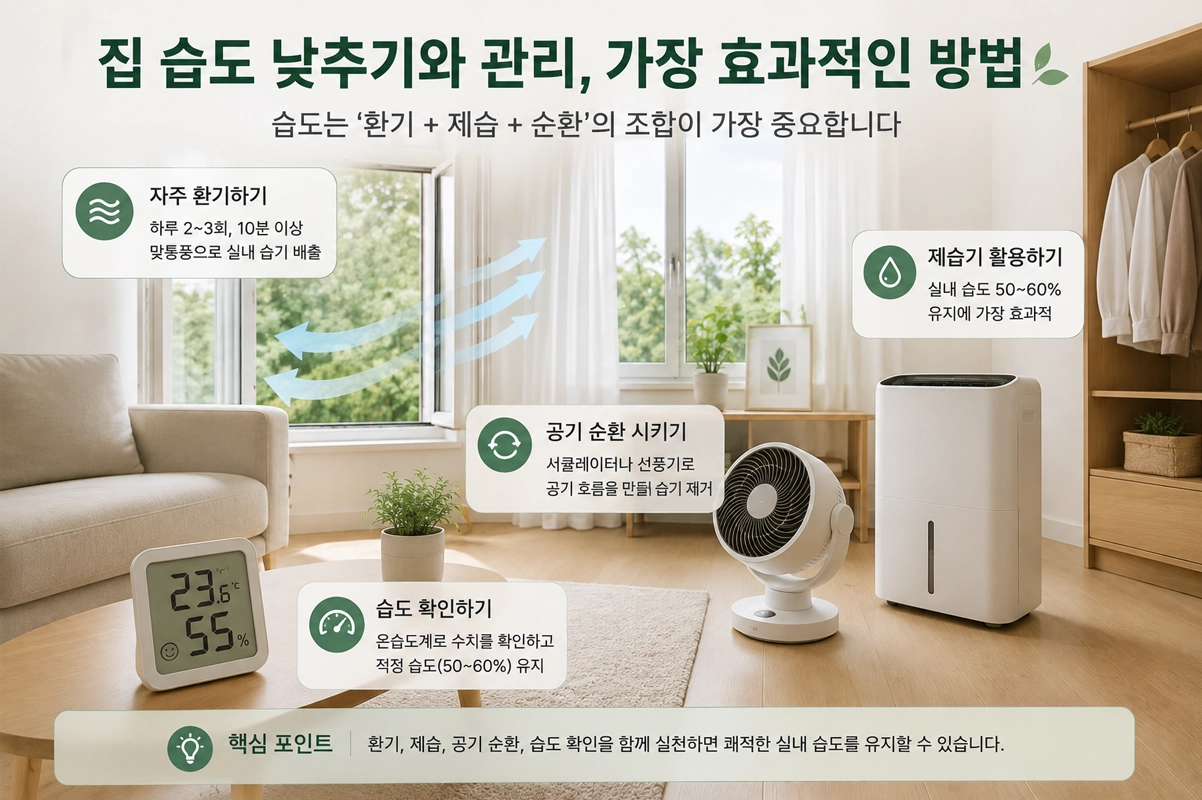 집 습도 낮추기 방법과 적정 습도 유지를 위한 제습기, 환기, 서큘레이터, 온습도계 활용 예시