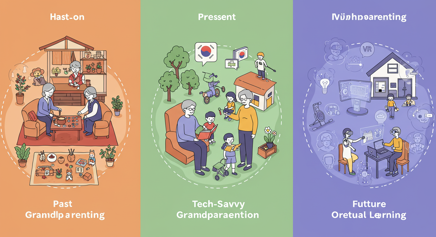 전 세대별 손주 돌보기 방법 비교 그림