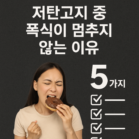 저탄고지 중 폭식이 멈추지 않는 이유를 주제로 한 디지털 인포그래픽. 배경은 어두운 회색 계열이며, 화면 중앙에 '저탄고지 중 폭식이 멈추지 않는 이유 5가지'라는 문구가 굵은 흰색 글씨로 배치되어 있고, 한쪽에는 도넛을 들고 고민하는 듯한 여성 캐릭터가 묘사되어 있다. 시각적 요소는 간결하며 텍스트는 최소화되어 있다.