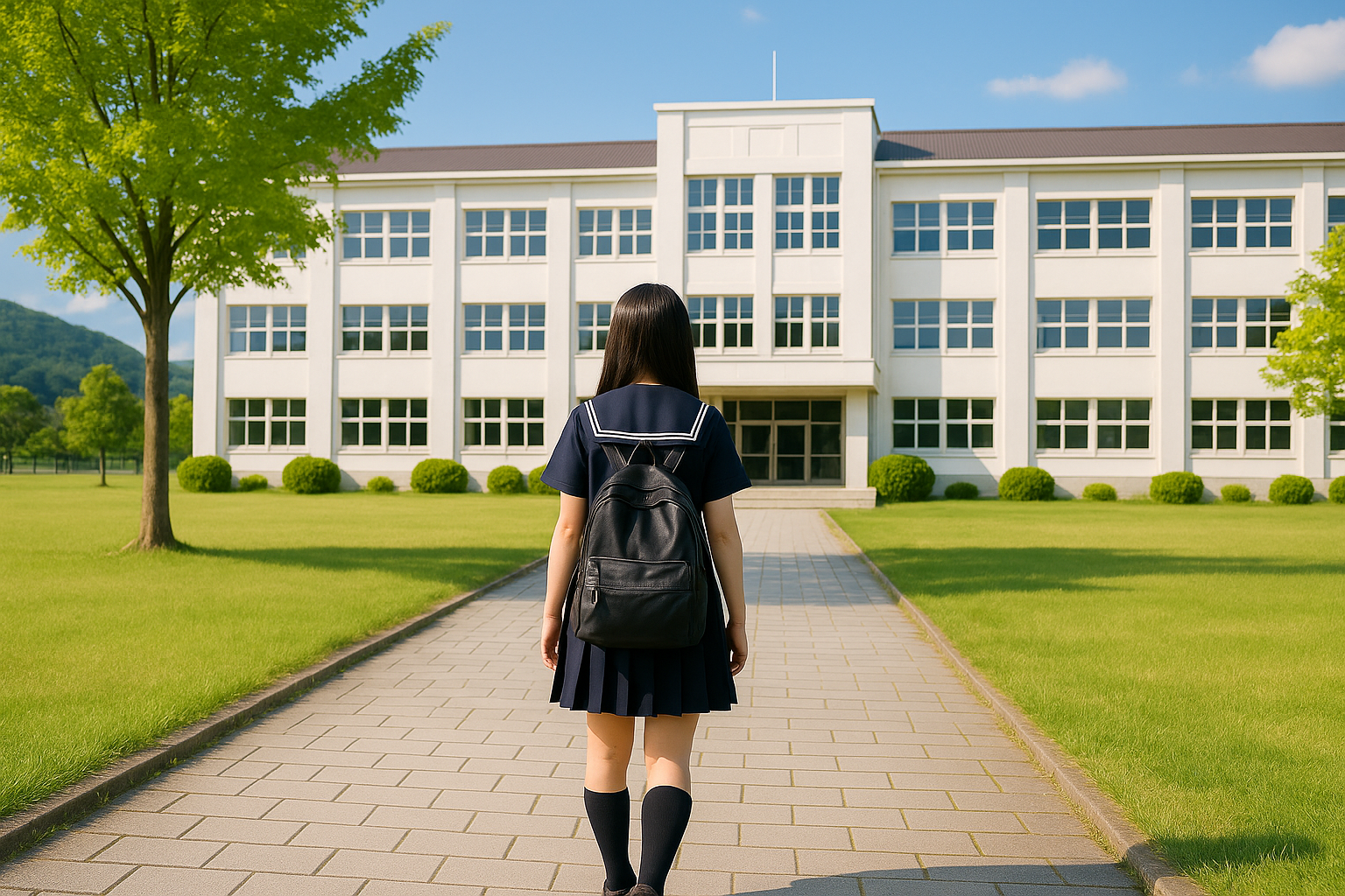 학교에 서있는 여학생의 뒷모습 이미지