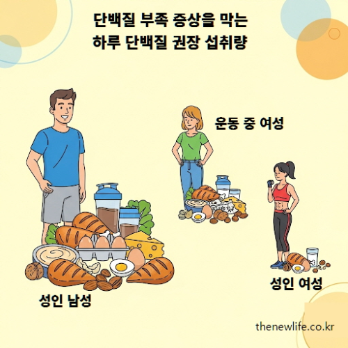 단백질 부족 증상을 예방하기 위한 성인 남성, 성인 여성, 운동 중 여성의 하루 단백질 권장 섭취량 안내