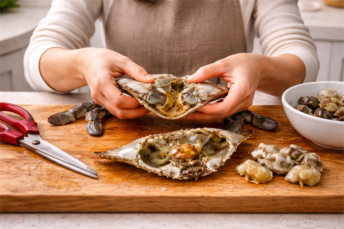 주방에서 꽃게 아가미와 모래주머니를 제거하는 손질 과정 