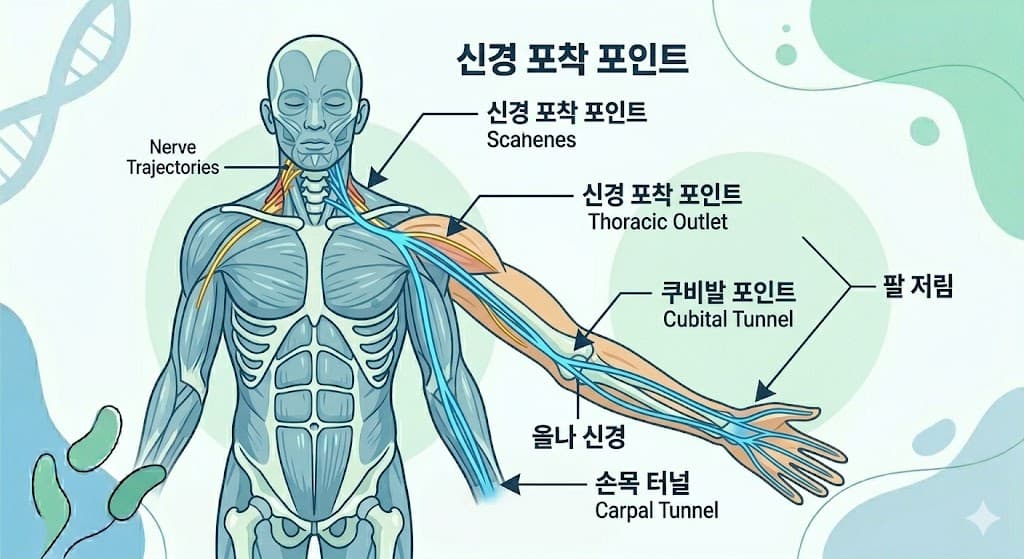 손 저림 원인 상완신경총 경로 목 경추 사각근 가슴 소흉근 흉곽출구 손목 터널 신경 포착 지점 비교 해부학 인포그래픽