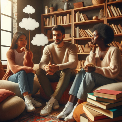 꿈에 대해 이야기하는 사람들. 여러 개의 쿠션과 책들이 방 안을 채우고 있습니다.