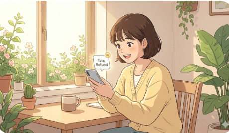 햇살이 가득한 방&amp;#44; 창가 앞 wooden desk에서 젊은 한국 여성이 스마트폰을 보며 Relieved(안도하는) 웃음을 짓고 있습니다. 화면에는 희미하게 &amp;#39;환급금&amp;#39;이나 &amp;#39;성공&amp;#39;을 뜻하는 아이콘이 보입니다. 전체적으로 따뜻한 파스텔톤의 지브리 스타일 애니메이션입니다. 