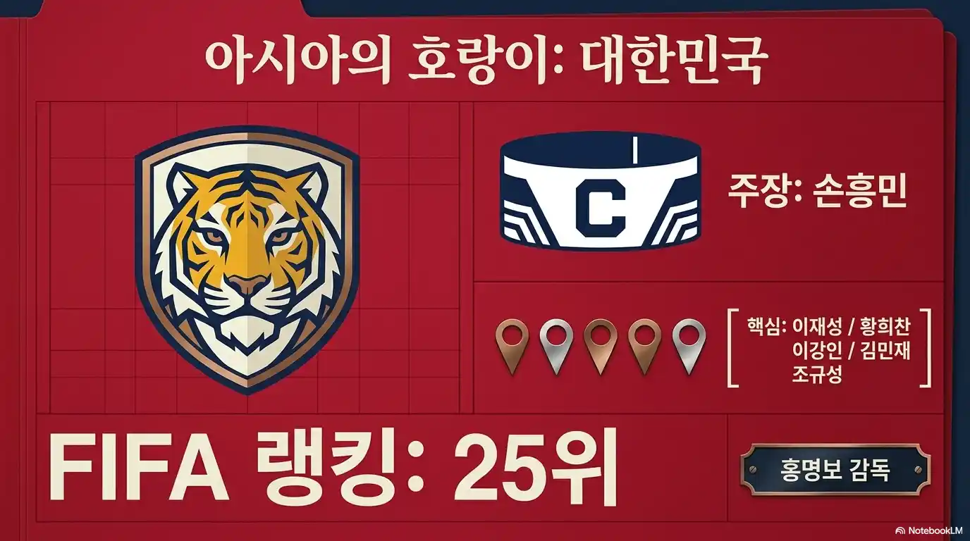 대한민국 축구 대표팀 정보. 피파 랭킹 25위, 홍명보 감독, 주장 손흥민. 이재성, 황희찬, 이강인, 김민재, 조규성 명단 포함