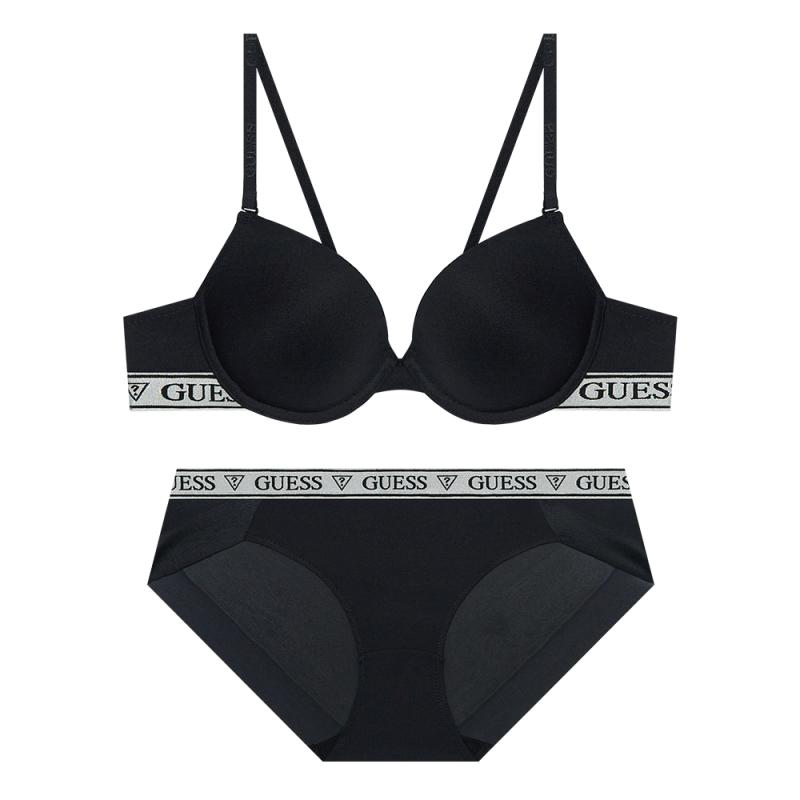 게스언더웨어 샤이니 로고밴딩 블랙 브라 팬티 세트