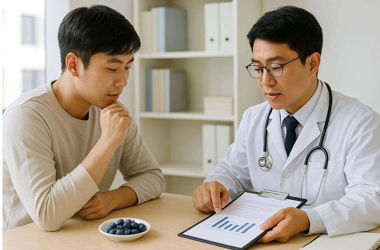 의사가 차트를 보며 환자에게 블루베리 섭취 관련 건강 상담을 하는 모습.