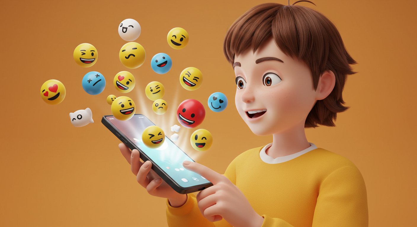 스마트폰에서 카카오톡 이모티콘이 튀어나오는 밝고 즐거운 장면