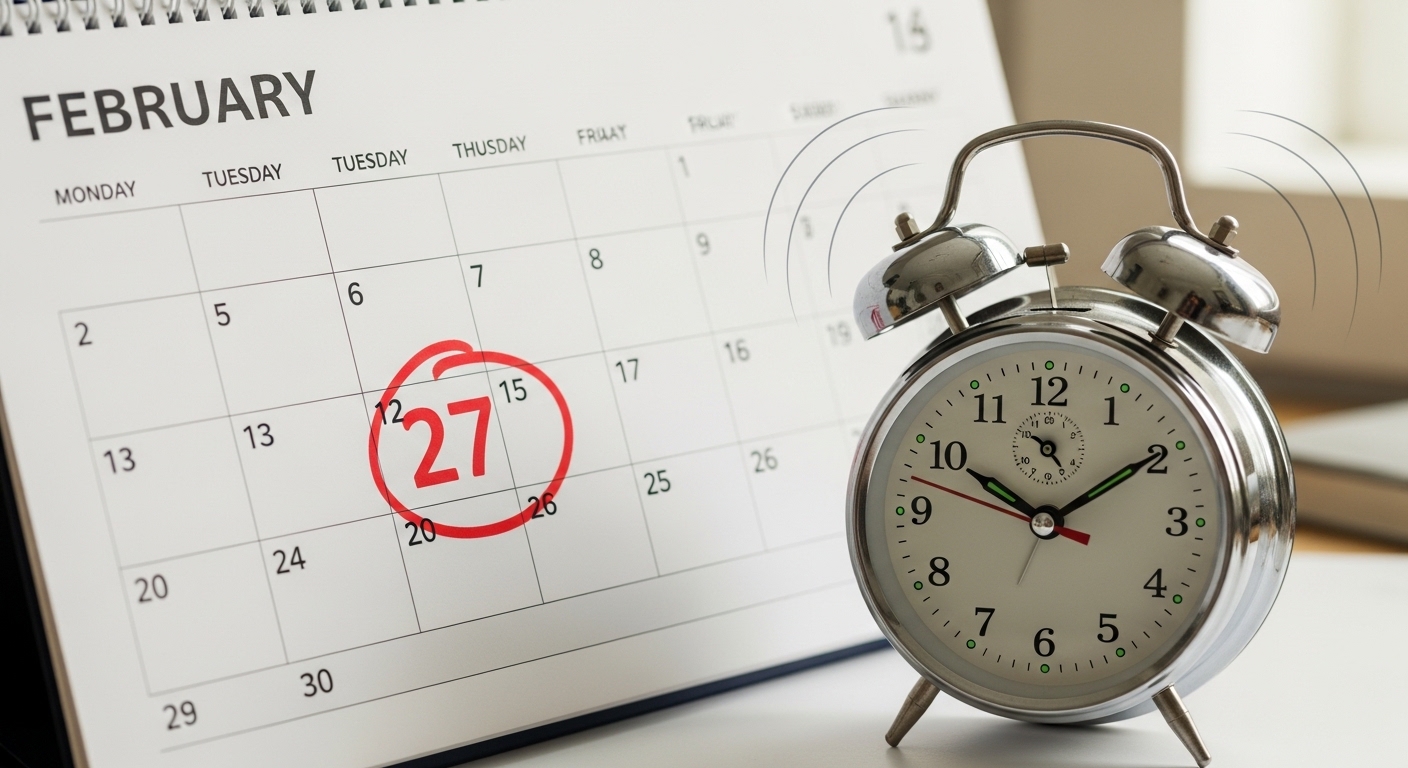 Urgent image of a calendar with a big red circle on February 27th and an alarm clock ringing.