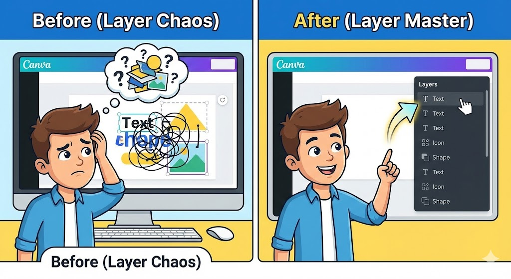캔바 레이어 활용 마스터: 겹친 요소 순서 헷갈리지 않고 편집하는 팁