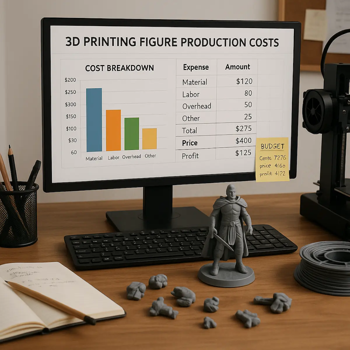 컴퓨터 화면에 3D프린팅 피규어 제작 비용 계산과 예산 절약 방법이 표시된 모습, 인물 없이 작업 중인 장면