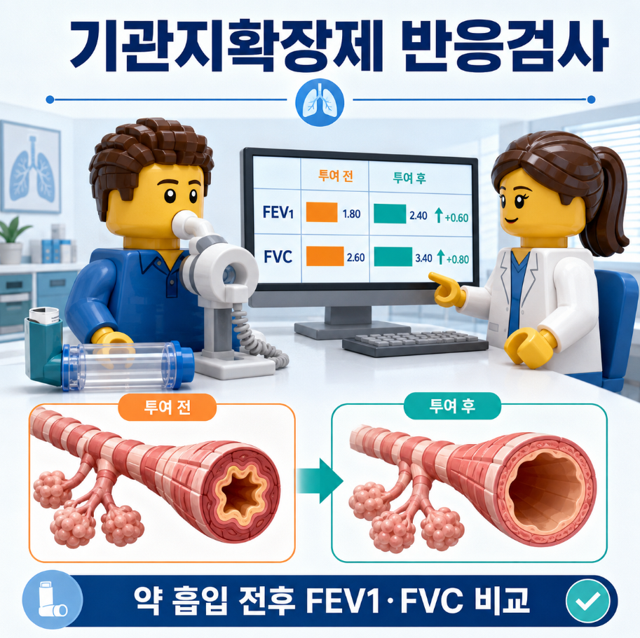 기관지확장제 반응검사에서 약 흡입 전후 폐활량과 FEV1·FVC 변화를 비교하는 의료 일러스트