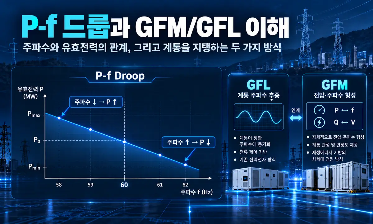 P-f 드룹 곡선과 GFL GFM 인버터 제어 방식 비교