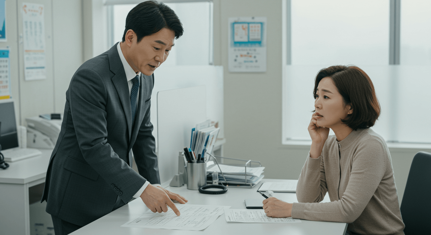 부모가 주민센터에서 환경보건이용권 사용 유의사항을 듣는 모습 2