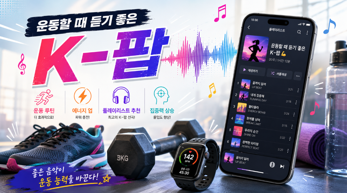 운동할 때 듣기 좋은 K-팝 플레이리스트와 리듬감 있는 추천곡을 표현한 이미지