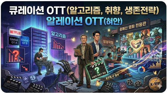 큐레이션 OTT의 알고리즘과 사용자 취향, 생존 전략을 분석한 썸네일입니다. 좌측은 거대 자본 기반의 데이터 알고리즘 시스템을, 우측은 인간의 취향과 다양성을 존중하는 큐레이션 스크린을 시각화했습니다. 중앙의 인물은 기술적 최적화와 예술적 본질 사이에서 고민하는 콘텐츠 전문가의 전략적 시선을 상징합니다.