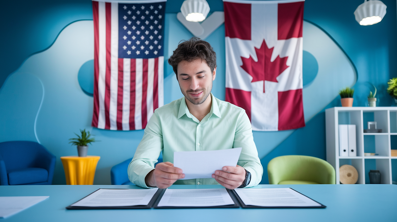북미 국기와 수출입 서류,원산지 증명서를 점검하는 무역 실무자