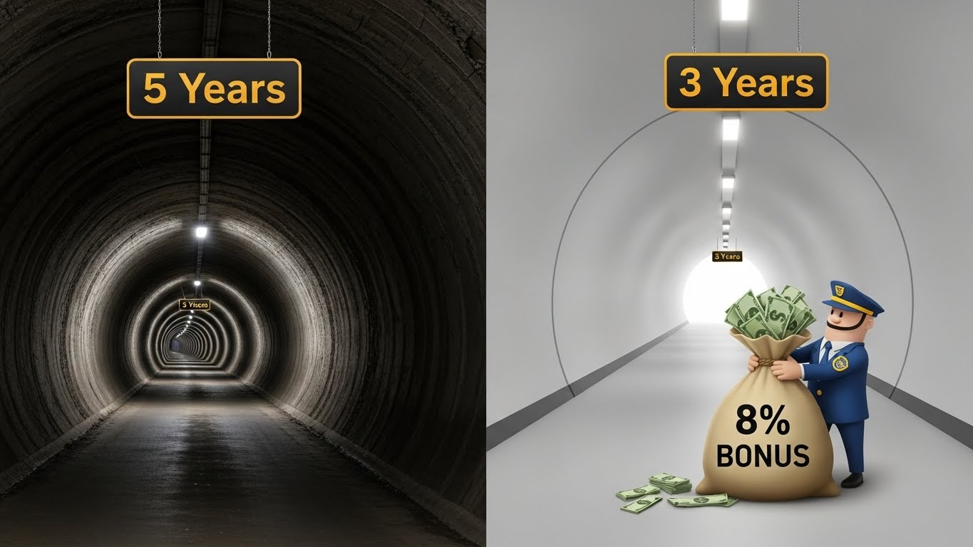 5년이라는 긴 터널(도약계좌)과 3년이라는 짧고 밝은 터널(미래적금)의 비교, 그리고 8% 기여금 보따리를 든 정부 캐릭터