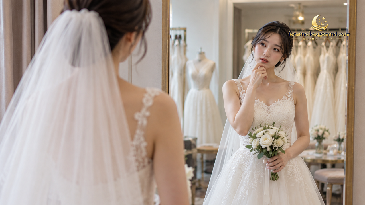 웨딩드레스를 입고 거울 속 자신의 모습을 바라보는 꿈 장면