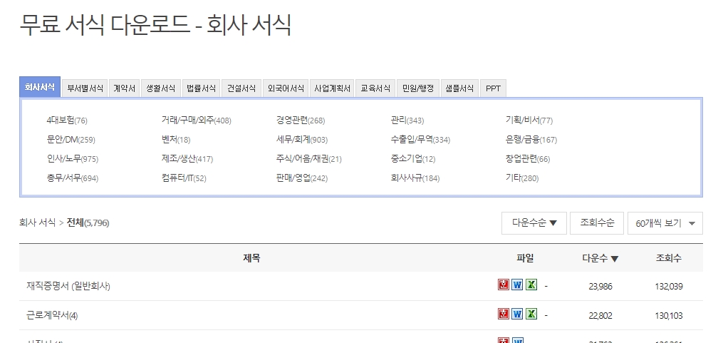 다양한 카테고리가 있는 무료 서식 다운로드 게시판