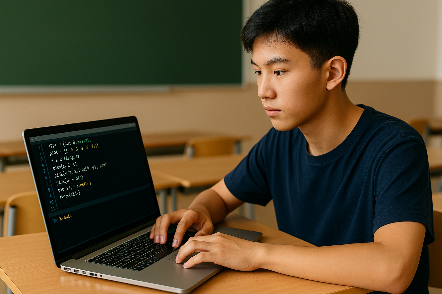 고등학생이 노트북으로 파이썬 코드를 작성하는 장면