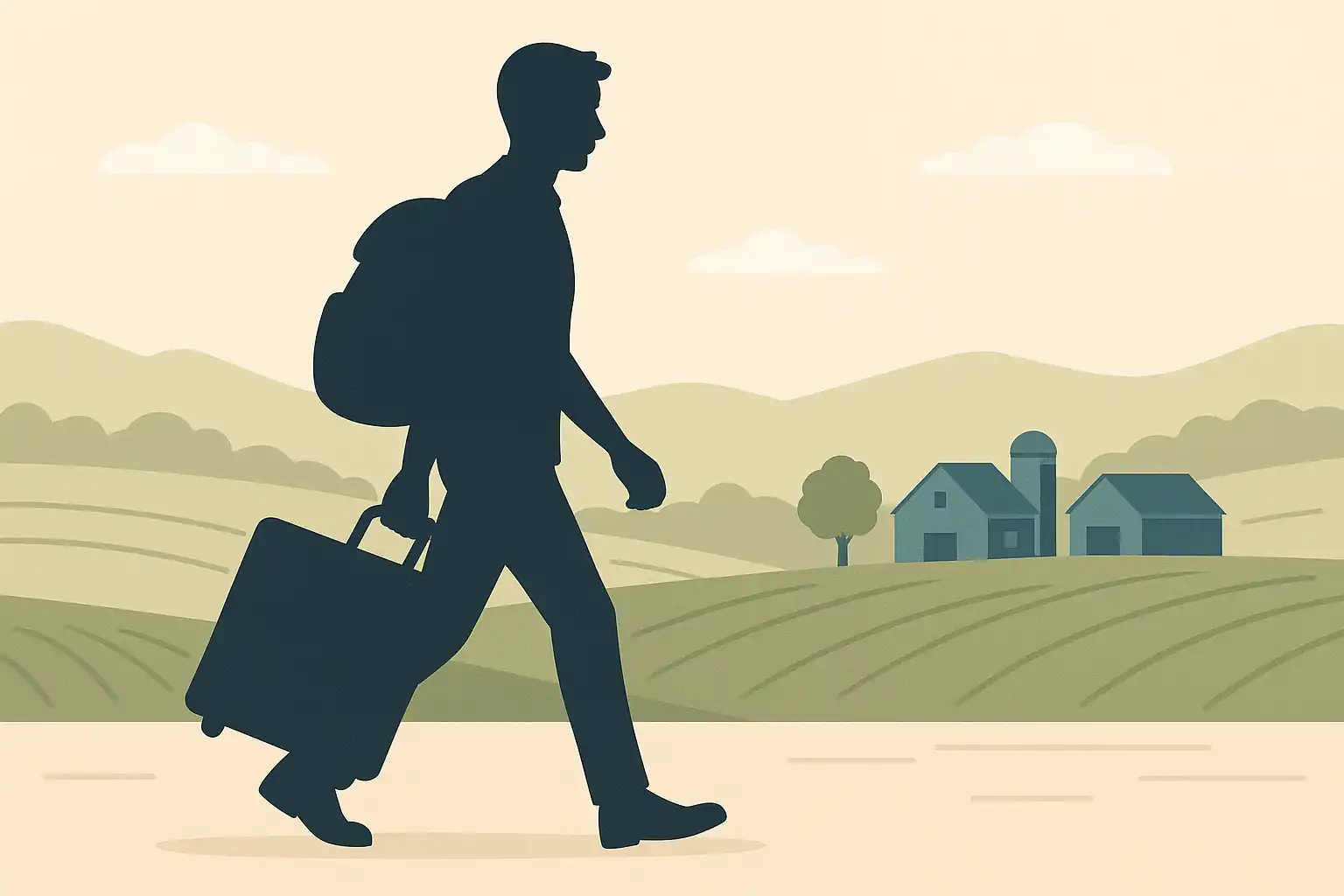 짐을 싸서 농촌으로 이주하는 청년의 실루엣을 표현한 일러스트 이미지