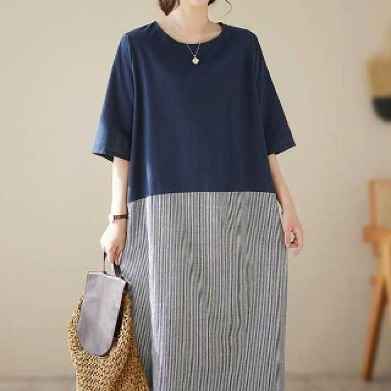 브이너스 디엘-배색 린넨 롱 원피스