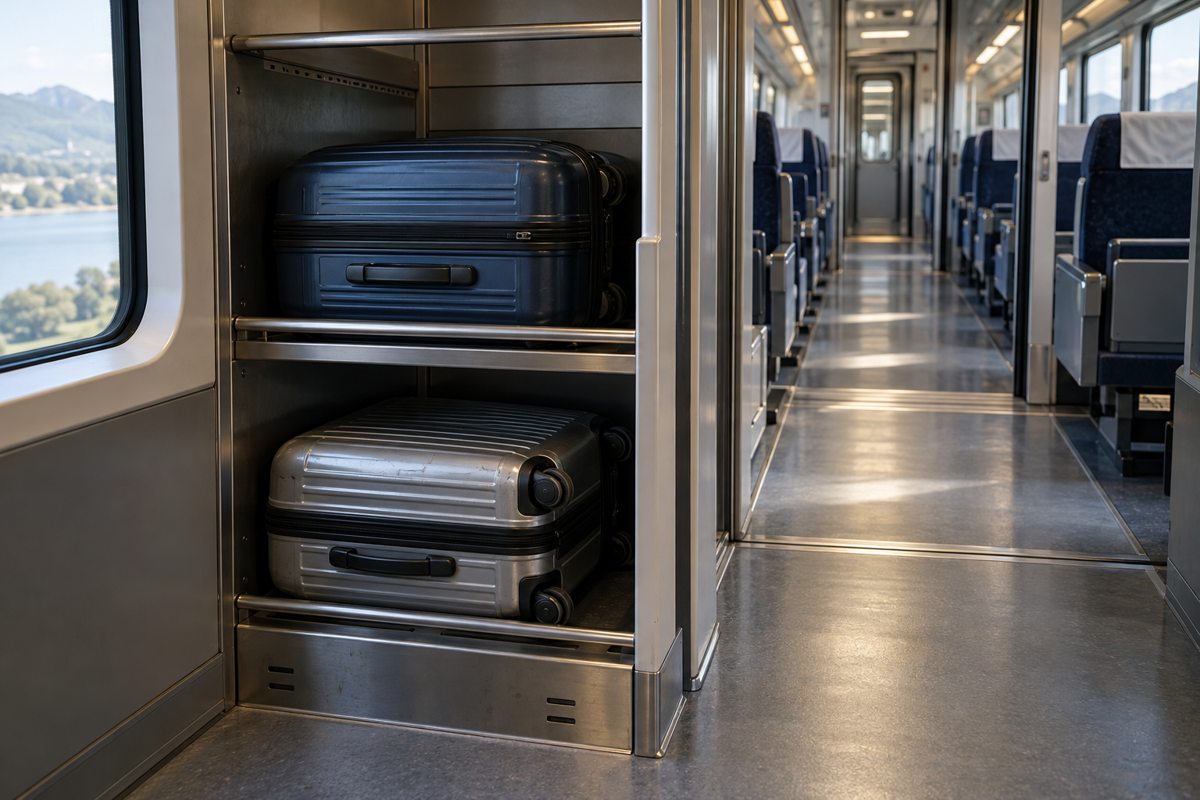 AI-generated suitcases stored in a train luggage rack beside a clear aisle.