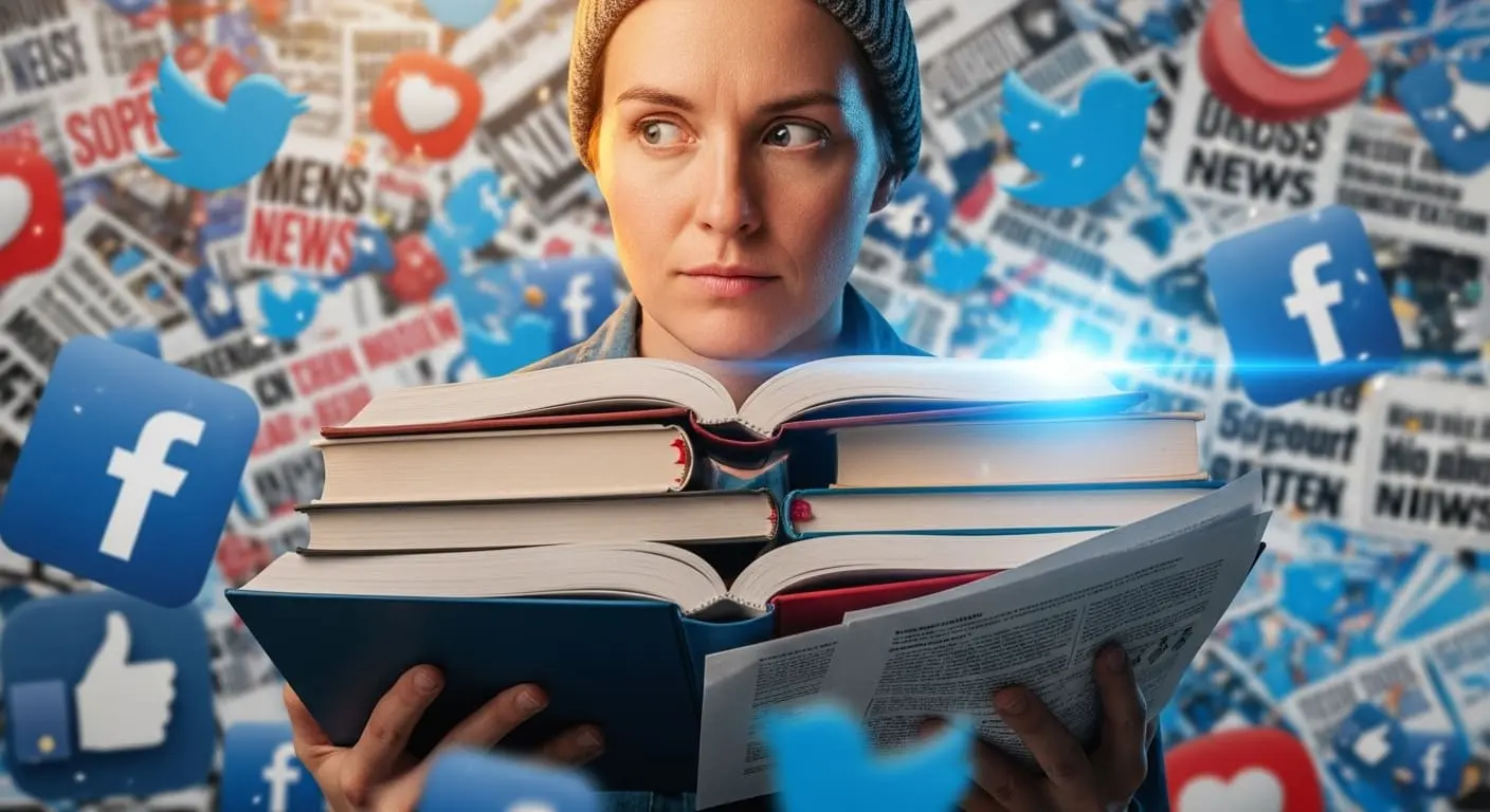 수많은 의학 서적과 과학 논문을 비판적으로 검토하는 사람의 모습, 혼란스러운 미디어 정보 속에서 진실을 찾아내려는 지적인 탐구를 상징합니다.