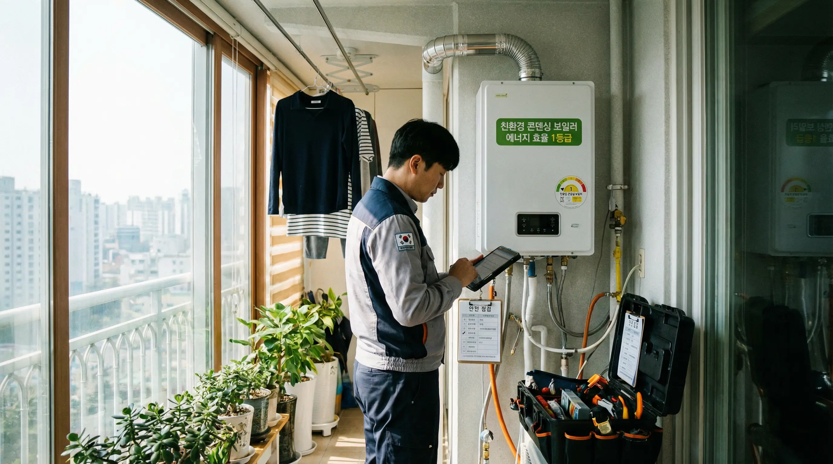 전문 설치 기사가 가정집 베란다에서 친환경 콘덴싱 보일러를 꼼꼼하게 설치하고 점검하는 모습